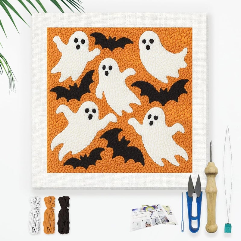 DOODLREAM Halloween Ghosts DIY Punch Needle Embroidery Kit for Adult Beginner, 9.4" Bat Punch Stitching Craft Set for Starter with Frame, Fabric Pattern, Threader, Yarn, Pinch Needle - Image 1